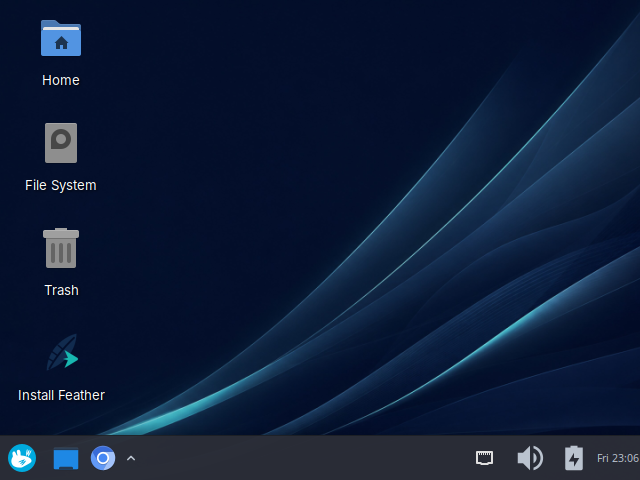 The Feather Linux XFCE desktop running in QEMU